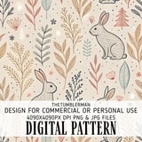Rabbit Digital Pattern, Floral Bunny, Cute Hare, Forest Animal, Beige Background, Bohemian Style, Digital Paper, Scrapbooking, Digital thumbnail 1