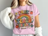 Pray Teach Repeat Teacher T-Shirt, Christian Educator Gift, Retro Groovy Faith School Tee, Boho Rainbow Teacher Apparel for Women thumbnail 10