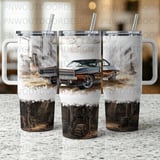 Classic Muscle Car 40oz Tumbler Wrap Sublimation Design | Distressed Garage Tapered PNG Seamless Automotive File + Car Coasters Digital thumbnail 1