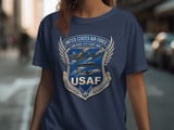 United States Air Force T-Shirt, USAF Aircraft Emblem Tee, Military Aviation Gift, Aim High Fly Fight Win Veteran Shirt thumbnail 3