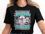 School Nurse T-Shirt: Retro Bubble Letters, Medical Stethoscope, Coffee Cup Design thumbnail 8