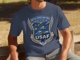 United States Air Force T-Shirt, USAF Aircraft Emblem Tee, Military Aviation Gift, Aim High Fly Fight Win Veteran Shirt thumbnail 6