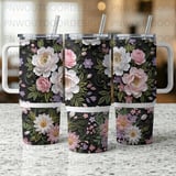 40oz Tumbler Sublimation PNG, Distressed Quilled Floral Seamless Wrap, Peony Rose Digital Download, Print Ready Design, Free Car Coasters thumbnail 2