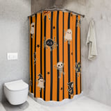 Cute Halloween Shower Curtains, Bath Mat, Kawaii Ghost and Skeleton Spooky Season Bathroom Decor, Orange Black Striped Fall Housewarming thumbnail 7