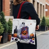 Halloween Tote Bag Ghost Knitting Pumpkin Tote, Cute Kitten, Spooky Season, Halloween Party Favor, Trick or Treat Bag, Fall Decor, Tote Bag thumbnail 3
