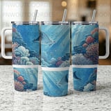 40oz Tumbler Sublimation Wrap Digital Design, Ocean Life Manta Ray Coral Reef Seamless Distressed Tapered thumbnail 5