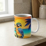 Vibrant Tropical Parrot Art Print Mug, Macaw Sunset Beach Scene , Exotic Paradise Gift  thumbnail 5