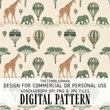 Digital Pattern, Giraffe Elephant Hot Air Balloon, Repeat Pattern, Surface Pattern Design, Fabric Design, Digital Bundle, Digital Paper Pack thumbnail 1