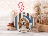 Beagle Christmas Ornament 2026, Cute Dog Lover Holiday Keepsake, Blue Santa Hat Puppy Pet Mom Gift, Rustic Striped Xmas Tree Decor thumbnail 2