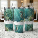 40oz Tumbler Sublimation Wrap Digital Seahorse Ocean Design, Seamless Underwater Marine Life Skinny Tapered Tumbler PNG thumbnail 7