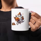 Halloween Mug, Cute Ghost, Squirrel, Pumpkin, Fall Decor, Autumn Leaves, Spooky Season, Bicycle Ride, Cozy Gift, Holiday Coffee Cup thumbnail 4