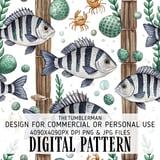 Digital Fish Pattern, Fish and Crab Design, Digital Bundle, Seafood Pattern, Beach Pattern, Ocean Animal Art, Sea Life, Digital Download thumbnail 1