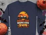 Ghouls Just Wanna Have Sun Boating Halloween Pontoon Boat Ghost Sunset Crewneck Sweatshirts Graphic thumbnail 8