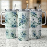 Luxury Blue Floral 40oz Tumbler Wrap Sublimation, Seamless Distressed Tapered Digital Download, Watercolor Flowers, Free Car Coasters thumbnail 3