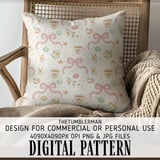 Digital Floral Pattern, Seamless Watercolor Teacup and Macarons, Pink Bows, Flower Illustration, Digital Bundle Pattern for Commercial Use thumbnail 5