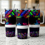 40oz Tumbler Sublimation PNG, Distressed Neon Skateboard Graffiti Tumbler Wrap, Seamless Tapered Digital Design, Urban Street Art Skate PNG thumbnail 3
