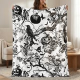 Vintage Halloween Woven Blanket, Dark Gothic Throw Pillow, Spooky Raven Jack O Lantern Toile Blanket, Victorian Dark Academia Home Decor thumbnail 1