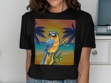 Tropical Parrot Sunset Beach T-Shirt, Vibrant Macaw Bird Tee, Island Life Vacation Shirt, Nature Lover Gift for Her, Beach Summer Apparel thumbnail 1