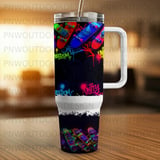 40oz Tumbler Sublimation PNG, Distressed Neon Skateboard Graffiti Tumbler Wrap, Seamless Tapered Digital Design, Urban Street Art Skate PNG thumbnail 4