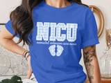 NICU Nurse T-Shirt: Neonatal Intensive Care, Blue Gingham Design, Baby Feet thumbnail 1