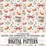 Digital Macarons Pattern, Bows, Teacups Digital, Floral Seamless Repeat Pattern, Bundle Commercial Use, Fabric Digital Pattern thumbnail 1