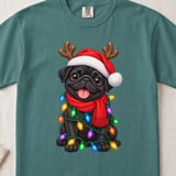 Black Pug Dog Santa Hat Reindeer Antlers Red Scarf Christmas Lights Standard T-Shirts thumbnail 11