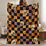 Spooky Skull Bat Stars Halloween Velveteen Blanket, Grunge Checkerboard Woven Throw, Alt Aesthetic Cozy Pillow thumbnail 1