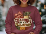 Teaching Is My Fall Sport Sweatshirt, Faux Patchwork Quilted Apple Teacher Hoodie, Autumn School Graphic Tee, Cozy Teacher Tote Bag thumbnail 2