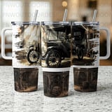 Vintage Car 40oz Tumbler Sublimation Design, Seamless Tapered Wrap Distressed PNG Digital Download, Rustic Barn Garage, Free Car Coasters thumbnail 4