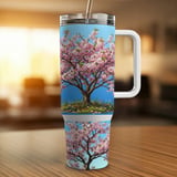 40oz Cherry Blossom Tumbler Wrap Design PNG | Full Wrap Sublimation Digital File for Spring Bloom Tumblers with Handle thumbnail 4