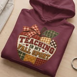 Teaching Is My Fall Sport Sweatshirt, Faux Patchwork Quilted Apple Teacher Hoodie, Autumn School Graphic Tee, Cozy Teacher Tote Bag thumbnail 14