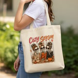 Cozy Season Skeletons Tote Bag, Messy Bun Skeleton Friends Fall Autumn Coffee Lover Halloween Spooky Cute Canvas Bag Gift Banner thumbnail 1
