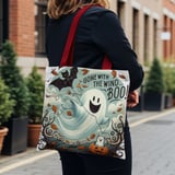 Halloween Tote Bag, Ghost Tote, Autumn Leaves, Bat Kite, Cat in Pumpkin, Spooky Season, Fall Vibes, Halloween Decor, Trick or Treat Bag thumbnail 3