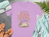 Jesus Knows I'm Trying T-Shirt, Christian Faith Tee, Inspirational Religious Gift for Her, Cottagecore Sparrow Bible Floral thumbnail 4