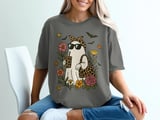 Groovy Ghost T-Shirt, Spooky Season Sweatshirt, Cute Halloween Leopard Print Ghost with Coffee and Flowers, Fall Vibes thumbnail 7