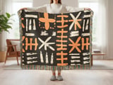 African Mud Cloth Velveteen Blanket, Tribal Art Woven Throw, Abstract Boho Pillow Cover, Black Yellow White Pattern Home Decor Gift thumbnail 2