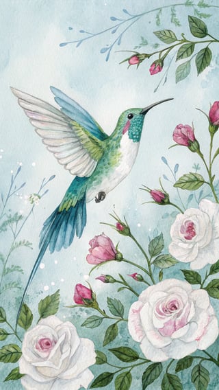 Watercolor Hummingbird with Pink Roses