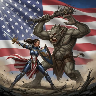 Female Warrior Fighting Troll