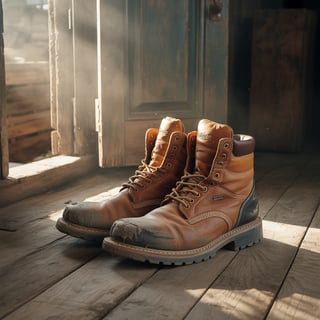 Worn Leather Work Boots on Dusty Floor