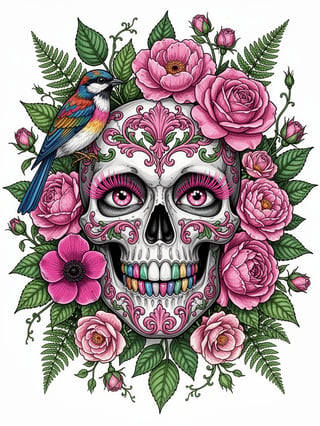 Stylized Skull with Pink Floral Art