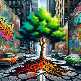 Vibrant Acrylic Tree with Urban Graffiti