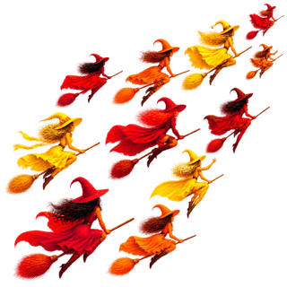 Neon Witches Flying on Broomsticks