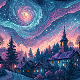 Electric Blue & Magenta Sky Over Village