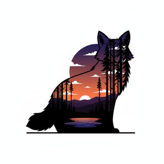 Black Fox Silhouette with Twilight Landscape