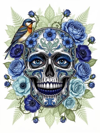 Blue Floral Metallic Skull Illustration