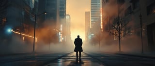 Mysterious Silhouette in Foggy Cityscape