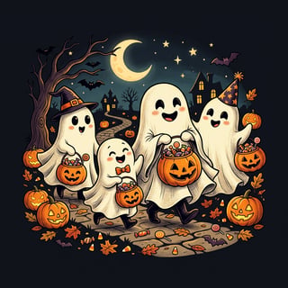 Whimsical Halloween Ghosts Illustration