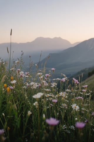 Wild Flowers and Mountains Scene