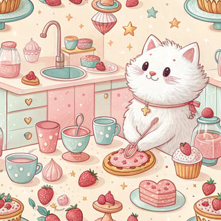 Fluffy Cat Baking in Pastel Kitchen