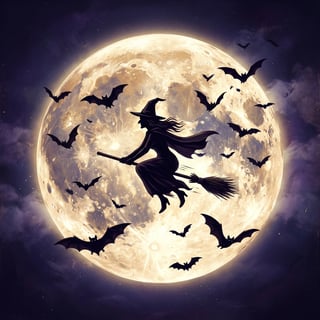 Vintage Halloween Moon Witch Illustration